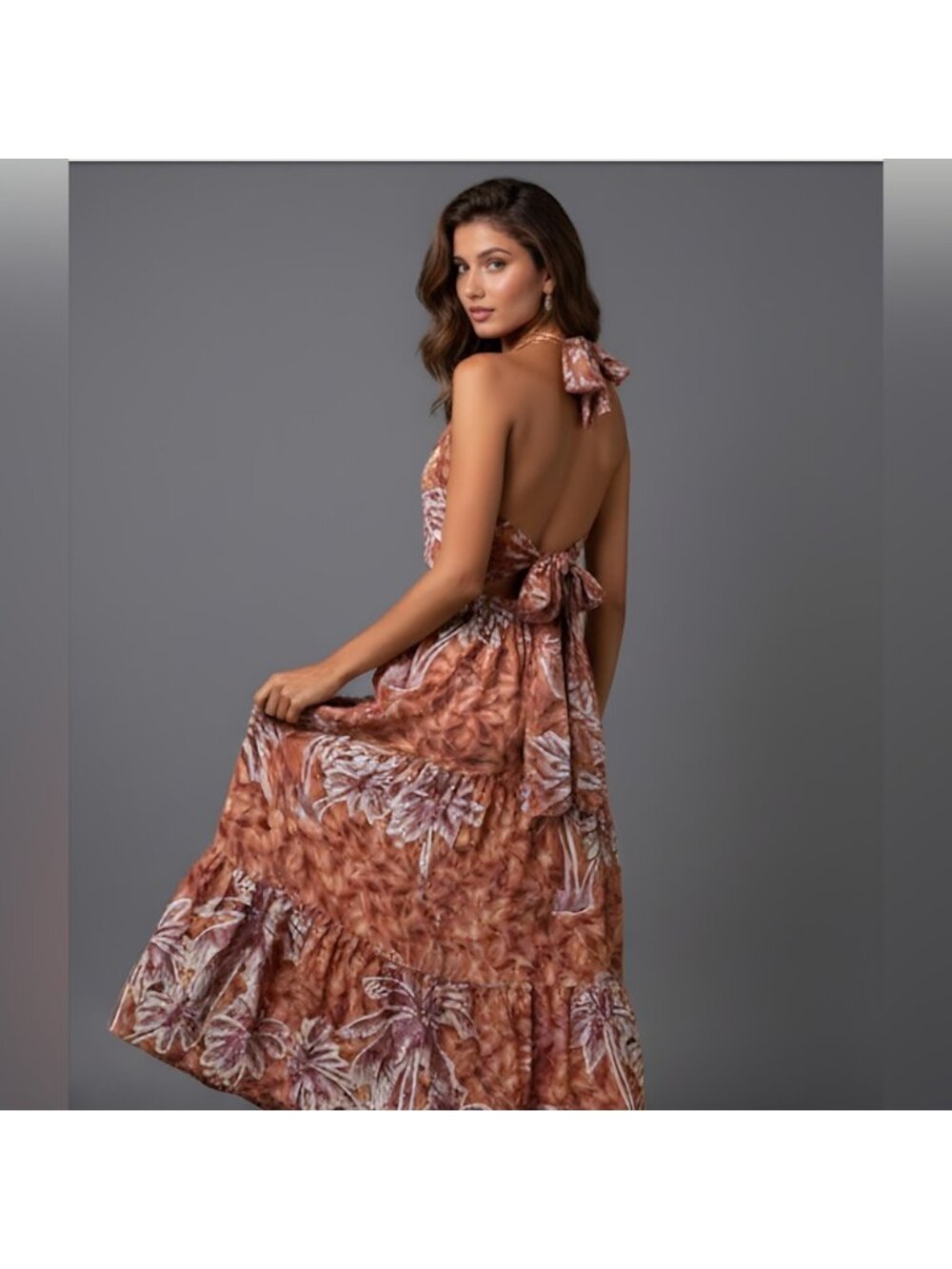 Tropical Print Ruffle Hem Tie Back Halter Dress - Picture 5 of 10
